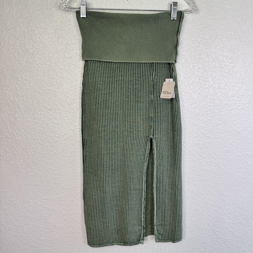 Free People Skirt Women XS Pari Midi Waffle Knit Cotton Pencil Slit FP One Green